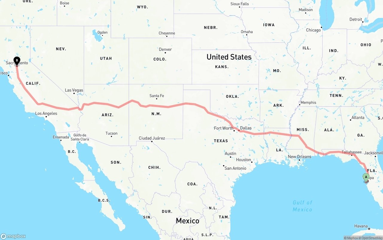 Shipping route from St. Petersburg to Sacramento