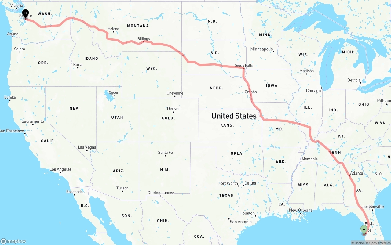 Shipping route from St. Petersburg to Seattle