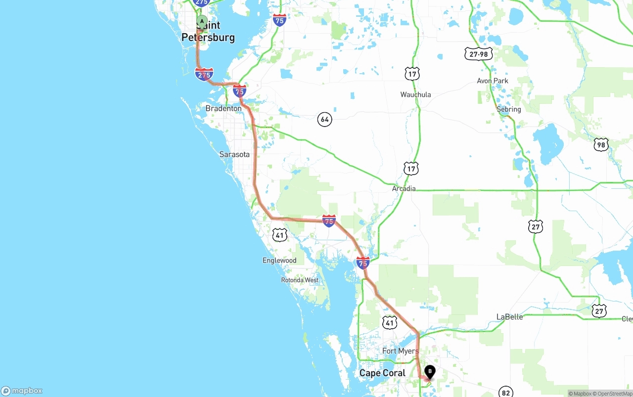 Shipping route from St. Petersburg to Southwest Florida International Airport