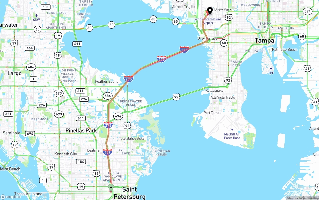 Shipping route from St. Petersburg to Tampa International Airport