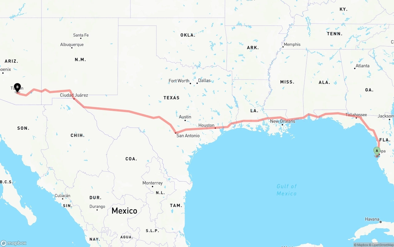 Shipping route from St. Petersburg to Tucson International Airport
