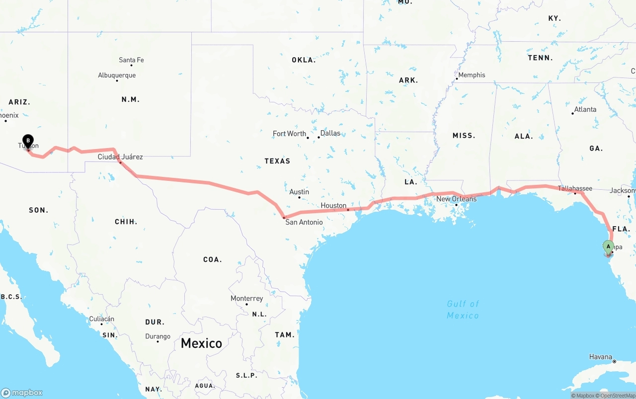 Shipping route from St. Petersburg to Tucson