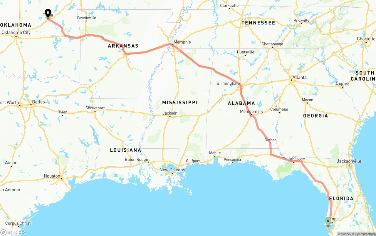 Shipping route from St. Petersburg to Tulsa