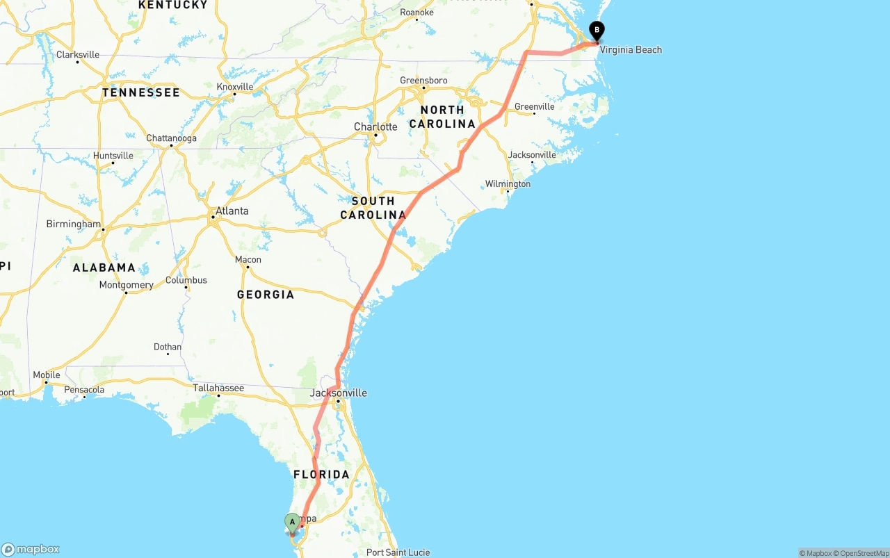 Shipping route from St. Petersburg to Virginia Beach