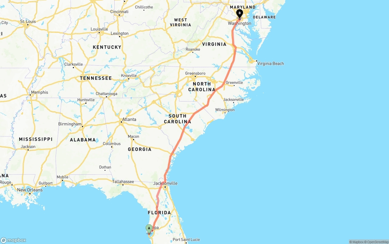 Shipping route from St. Petersburg to Washington D.C.