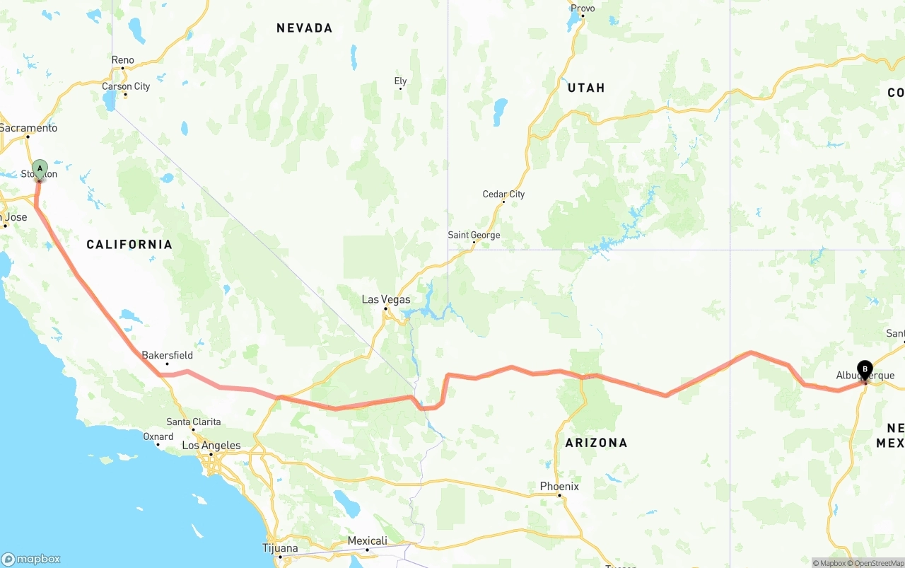 Shipping route from Stockton to Albuquerque