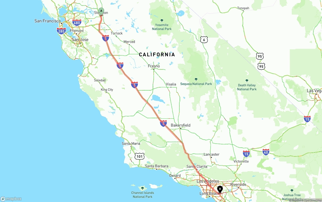Shipping route from Stockton to Anaheim