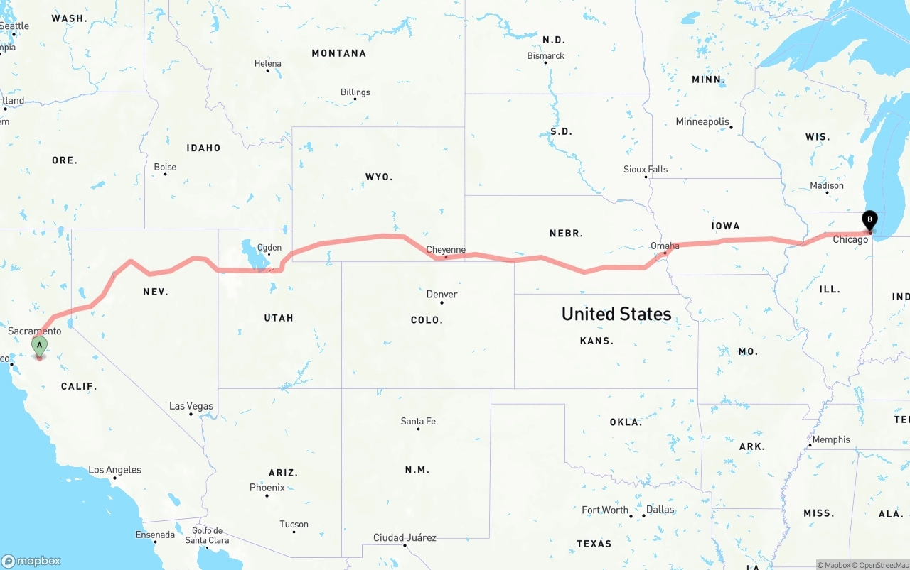 Shipping route from Stockton to Chicago
