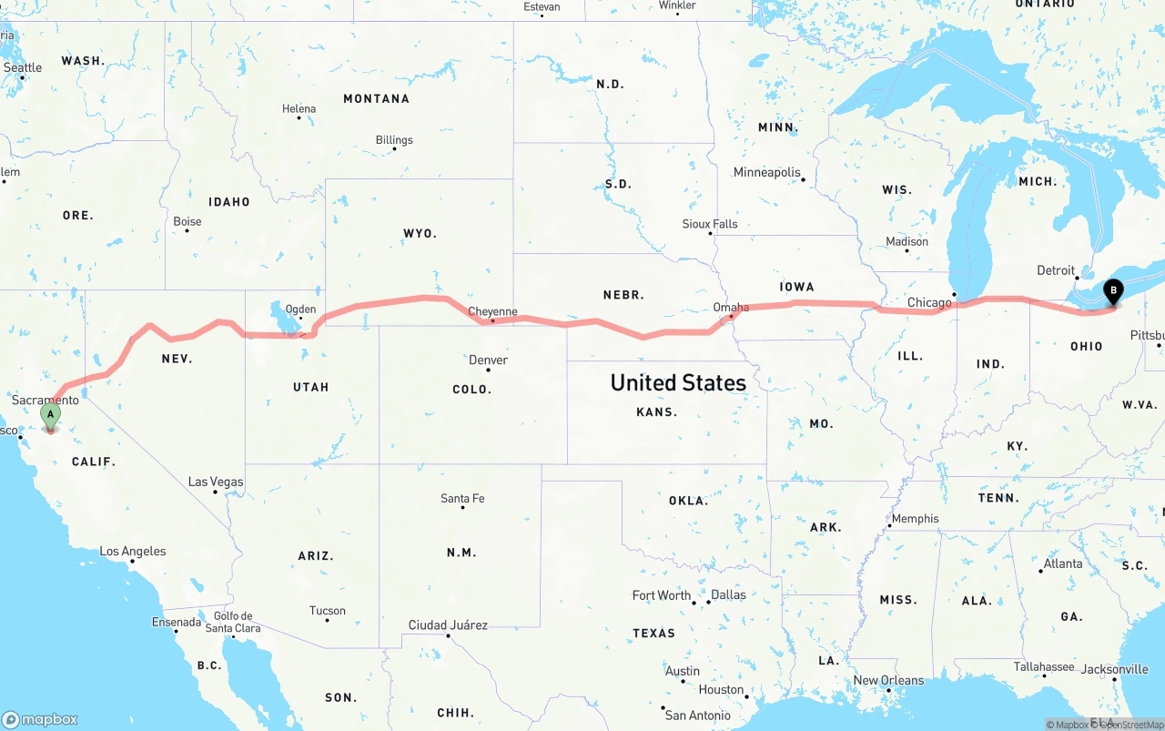 Shipping route from Stockton to Cleveland