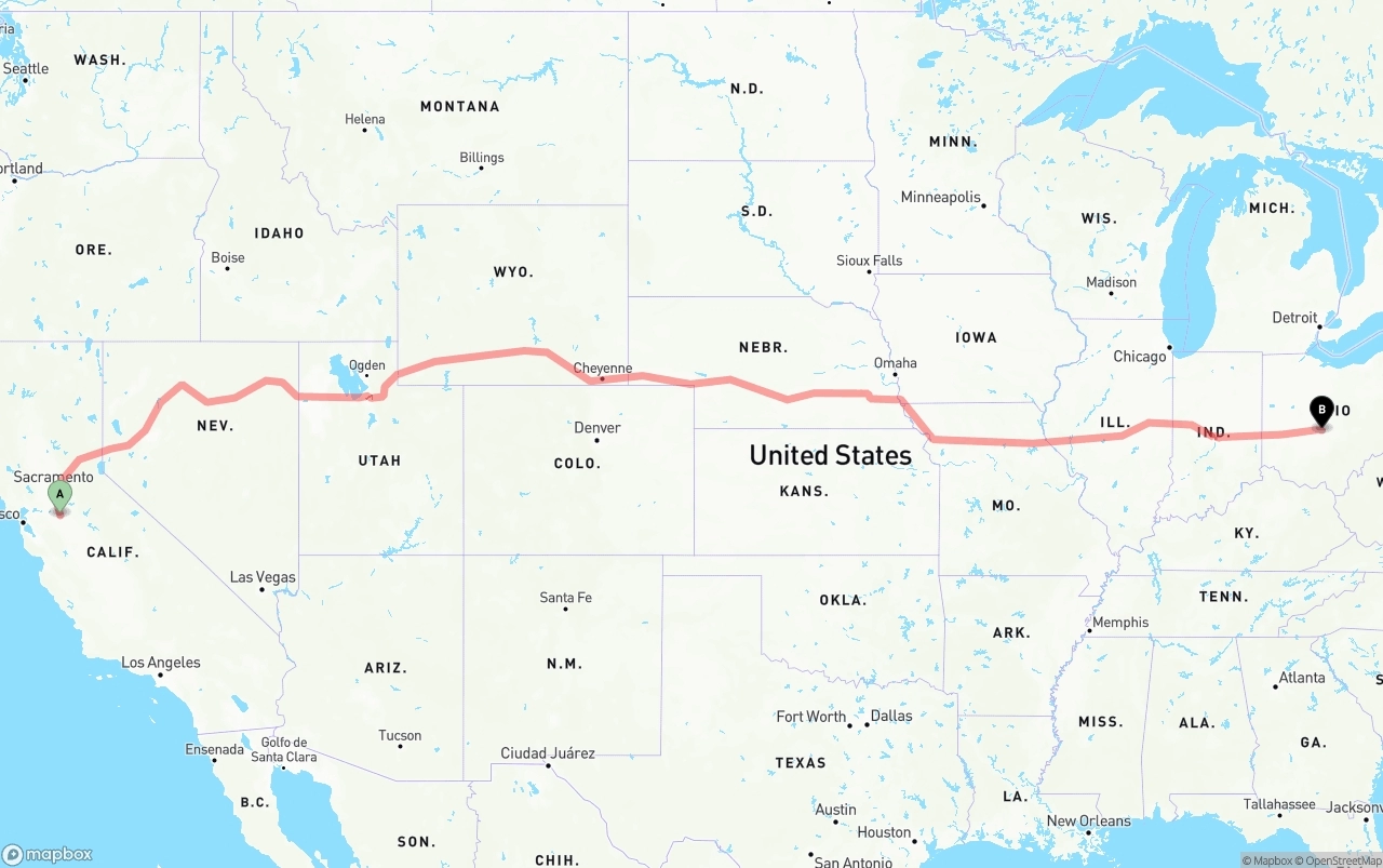 Shipping route from Stockton to Columbus