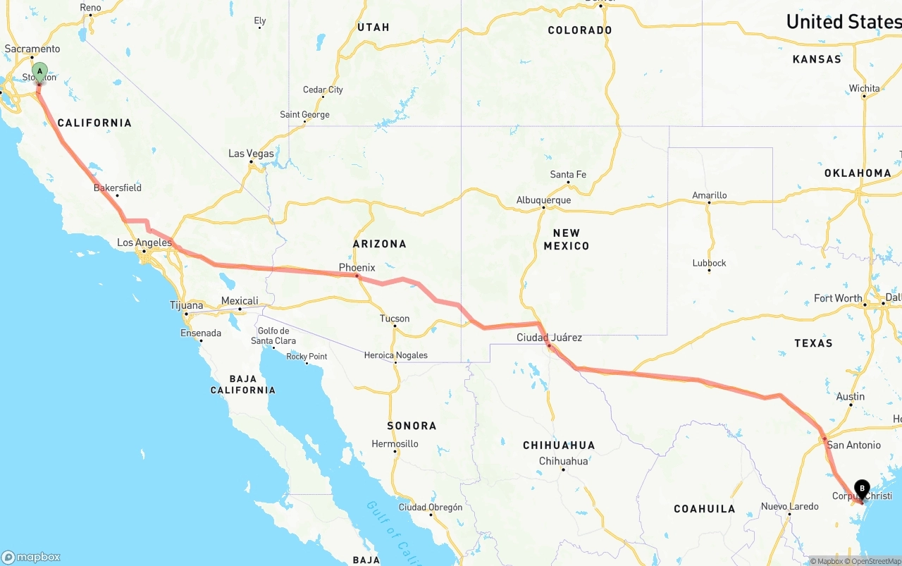 Shipping route from Stockton to Corpus Christi