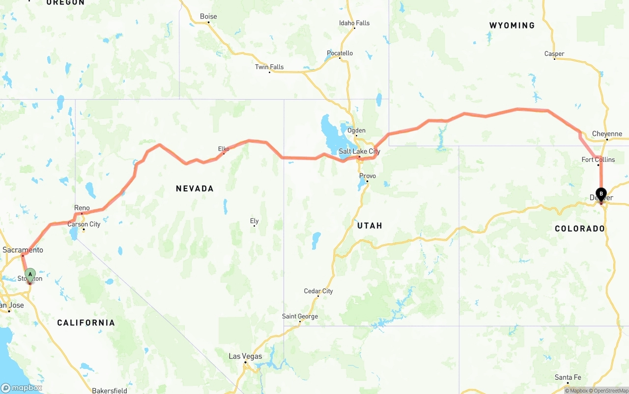 Shipping route from Stockton to Denver