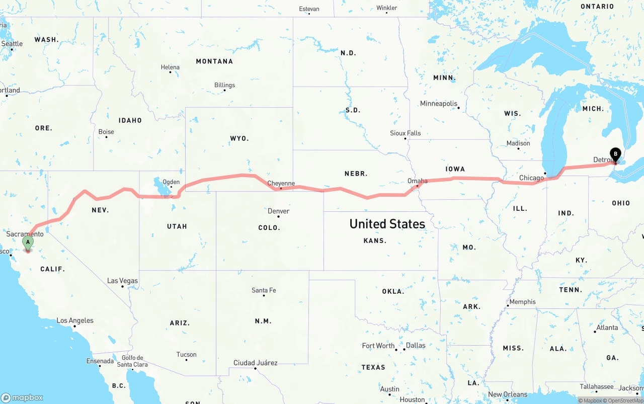 Shipping route from Stockton to Detroit