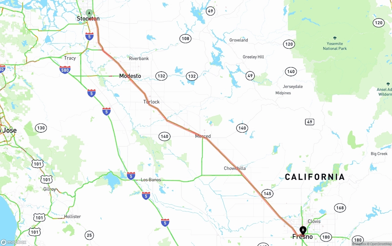 Shipping route from Stockton to Fresno