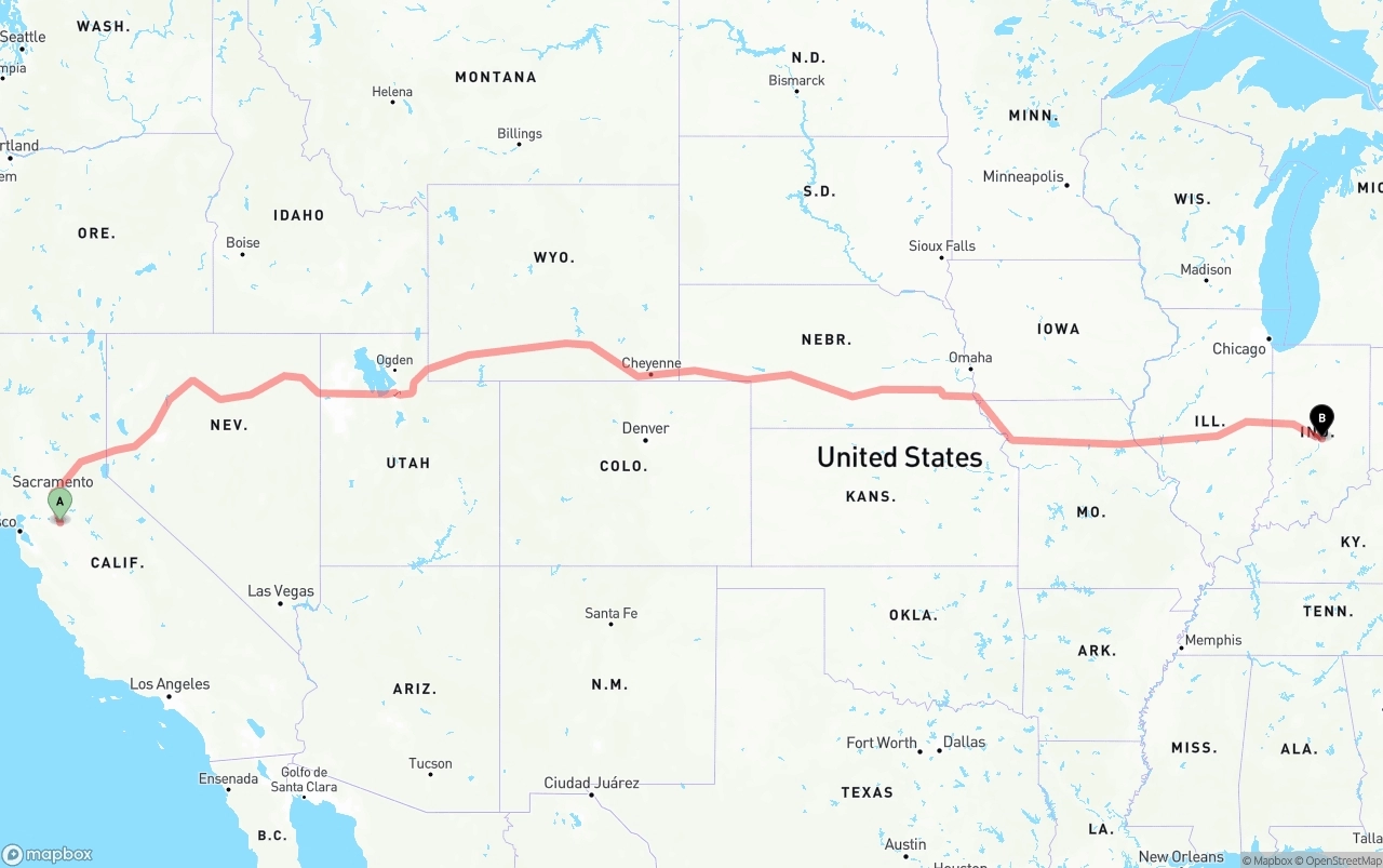 Shipping route from Stockton to Indianapolis