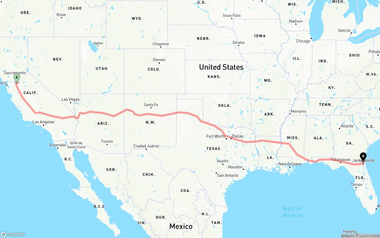 Shipping route from Stockton to Jacksonville International Airport