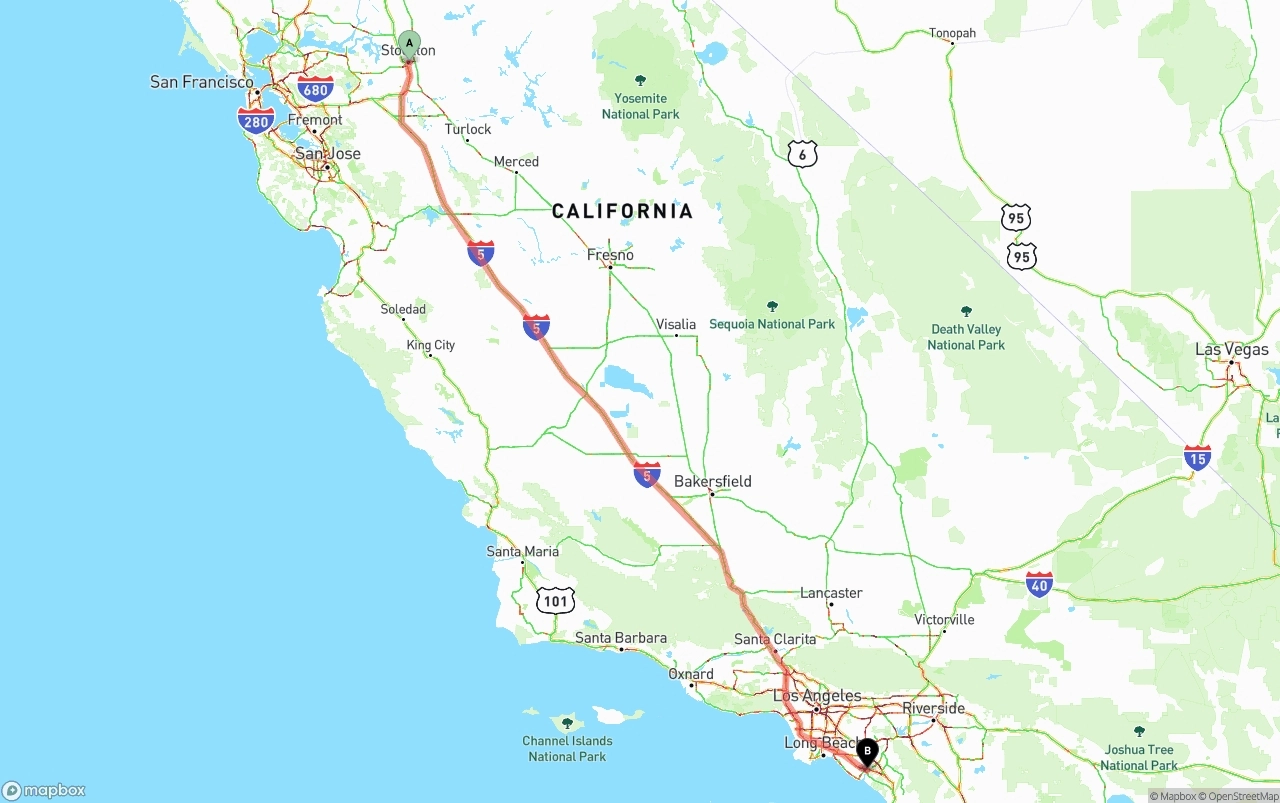 Shipping route from Stockton to John Wayne Airport — Orange County
