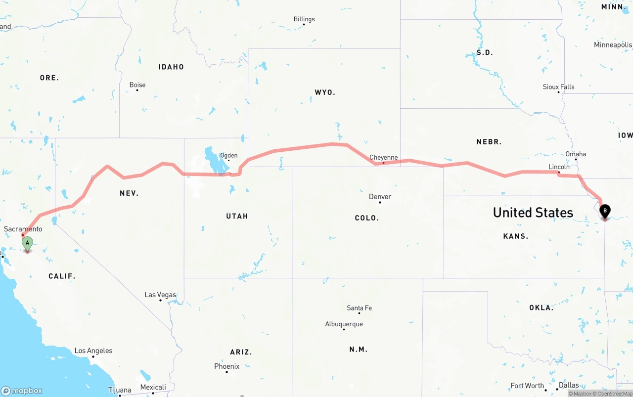 Shipping route from Stockton to Kansas City