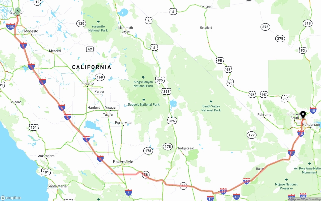 Shipping route from Stockton to Las Vegas