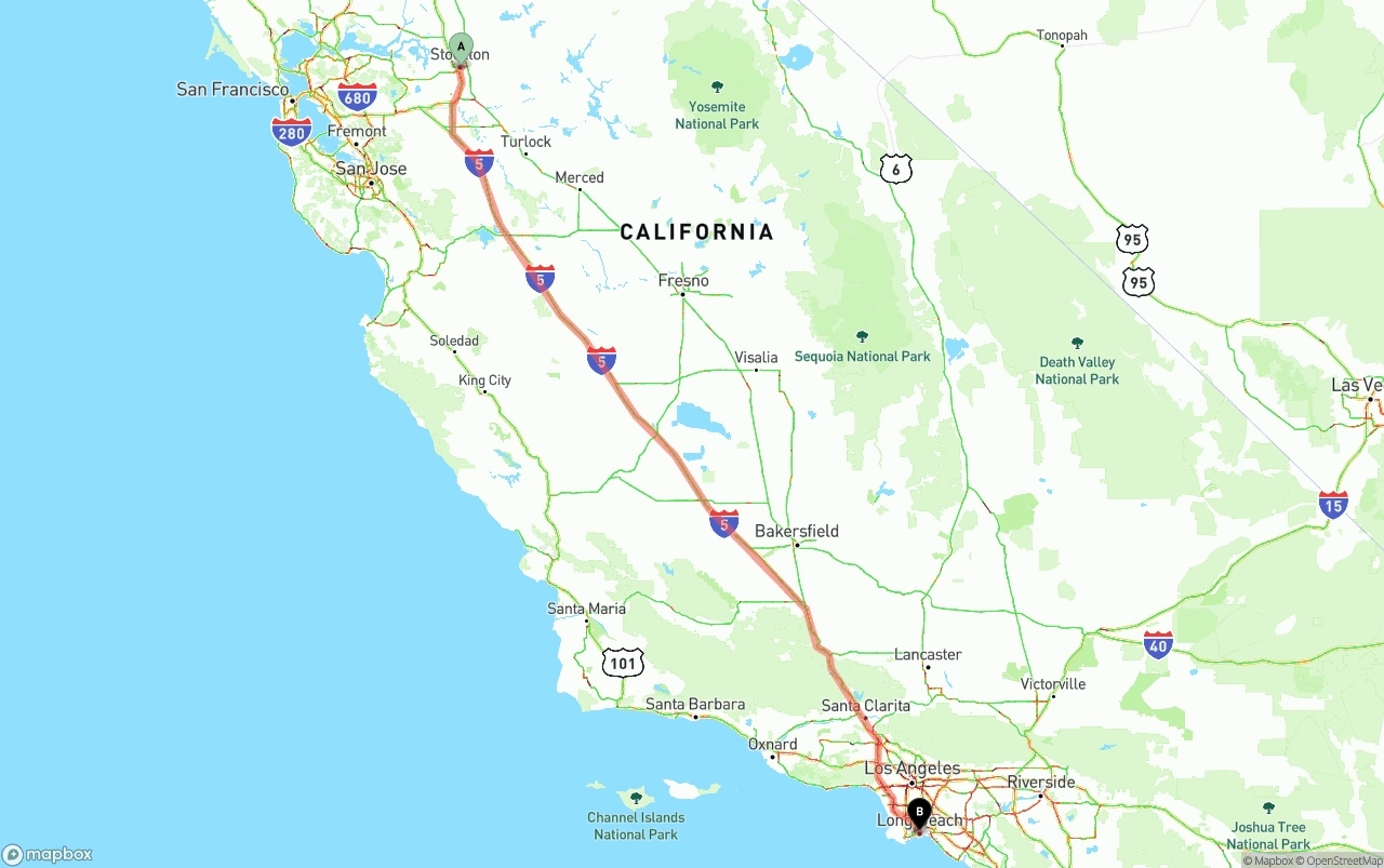 Shipping route from Stockton to Long Beach