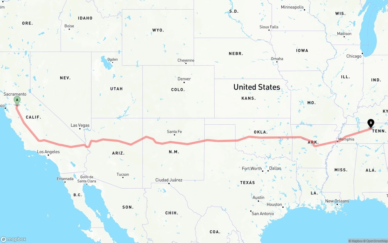 Shipping route from Stockton to Nashville