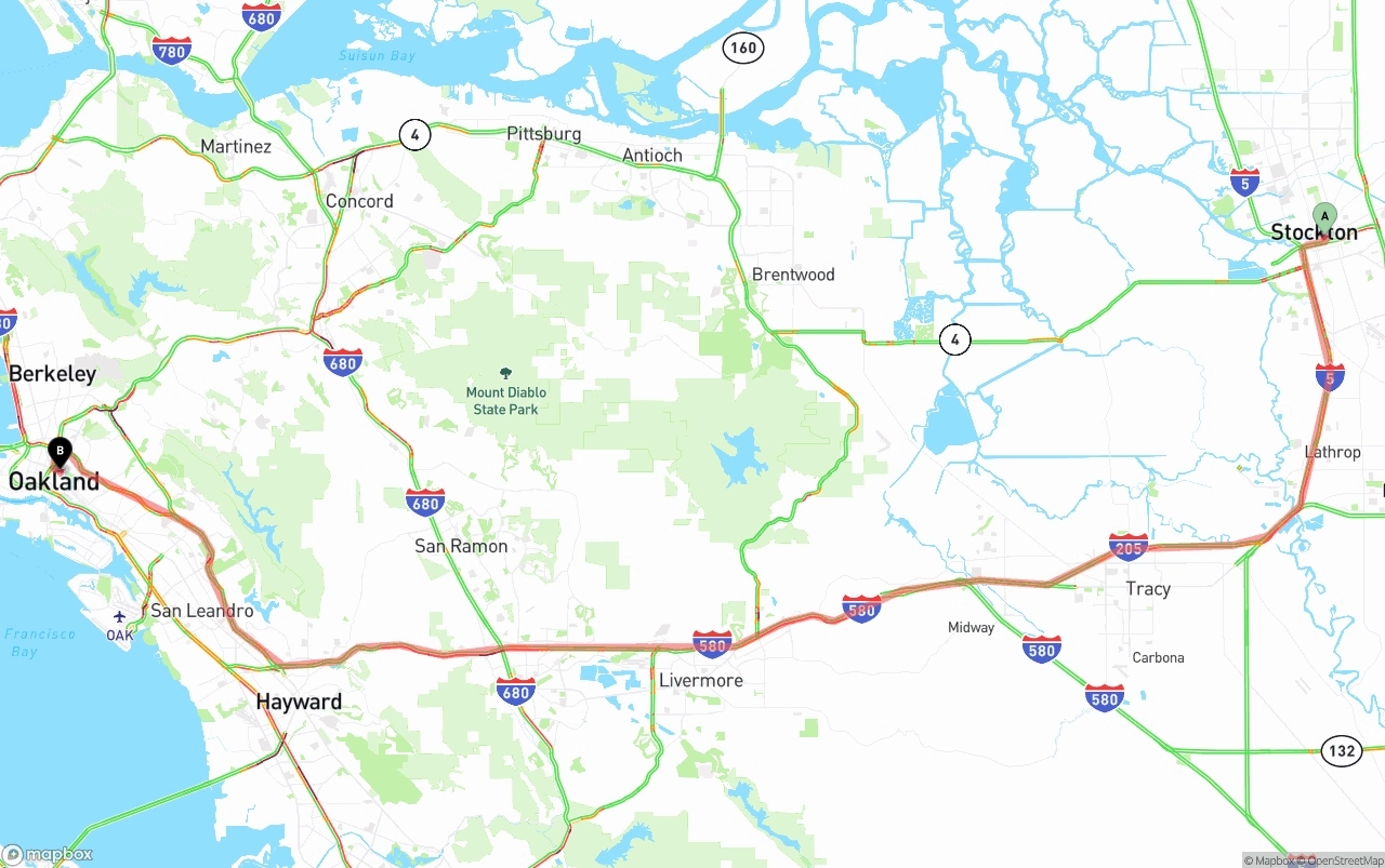 Shipping route from Stockton to Oakland