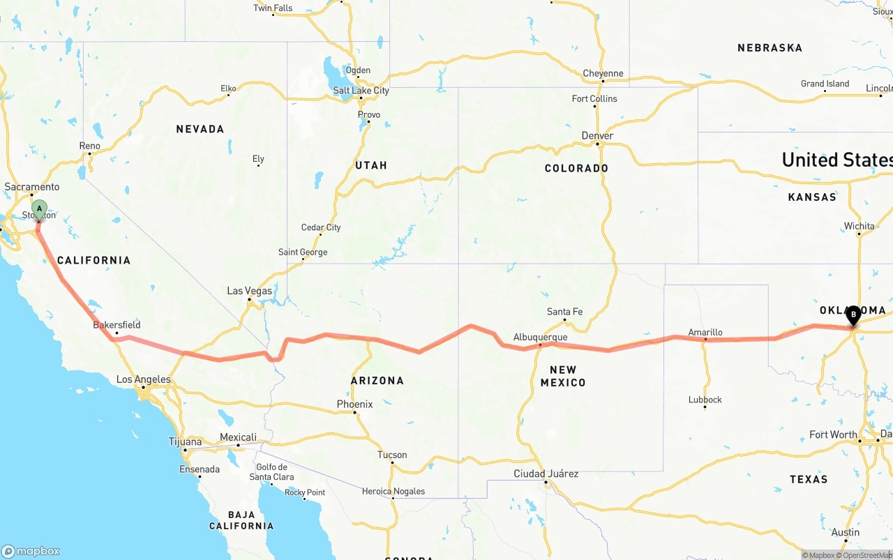 Shipping route from Stockton to Oklahoma City