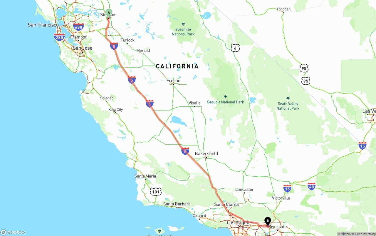 Shipping route from Stockton to Ontario International Airport