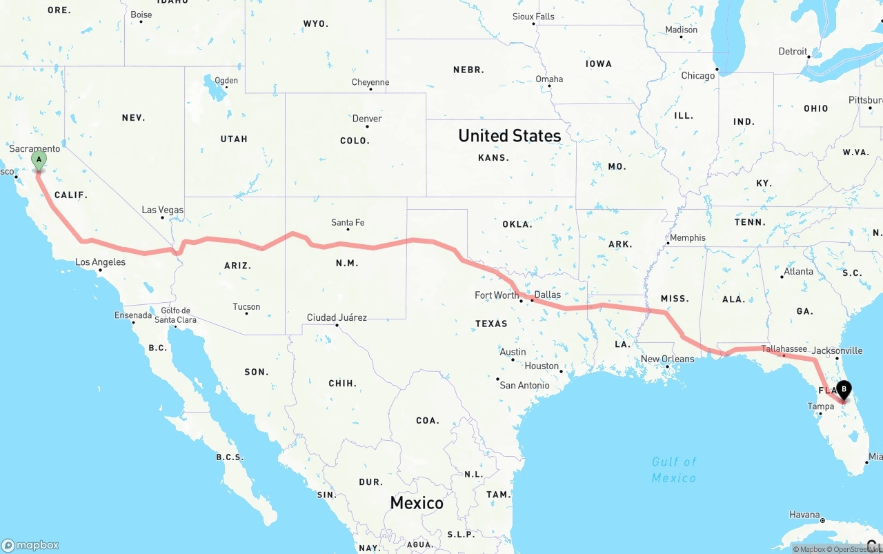 Shipping route from Stockton to Orlando International Airport