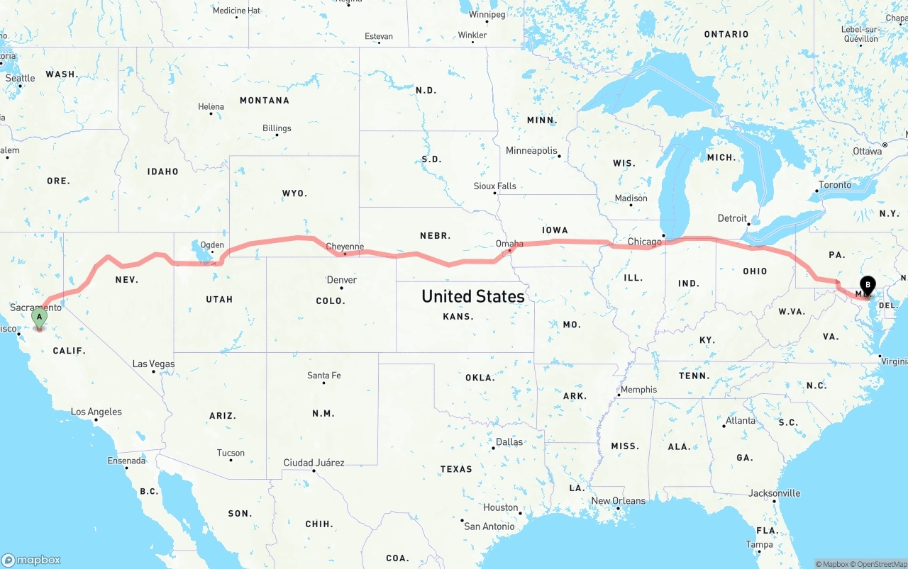 Shipping route from Stockton to Port of Baltimore