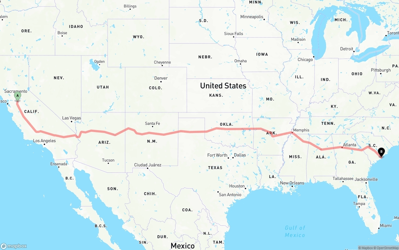 Shipping route from Stockton to Port of Charleston
