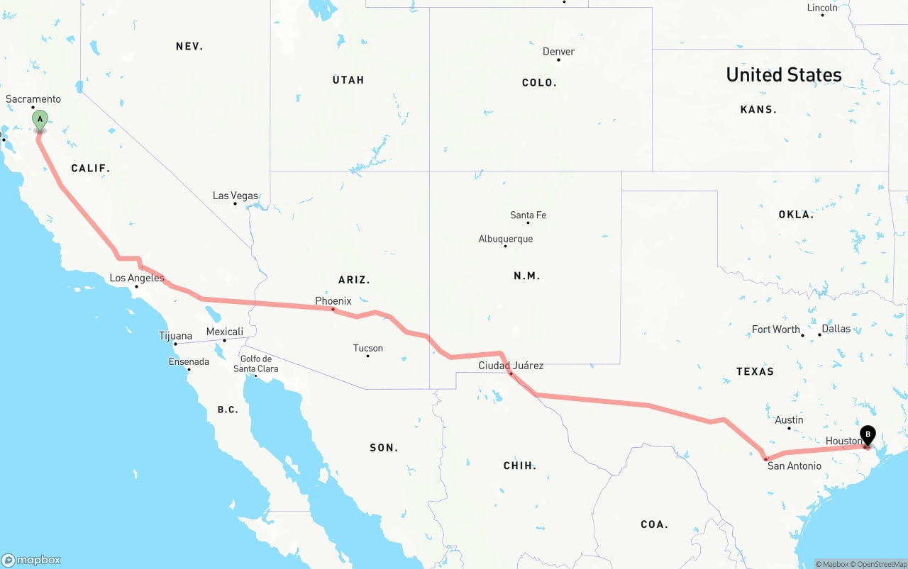 Shipping route from Stockton to Port of Houston