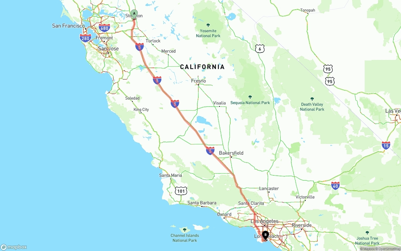 Shipping route from Stockton to Port of Long Beach