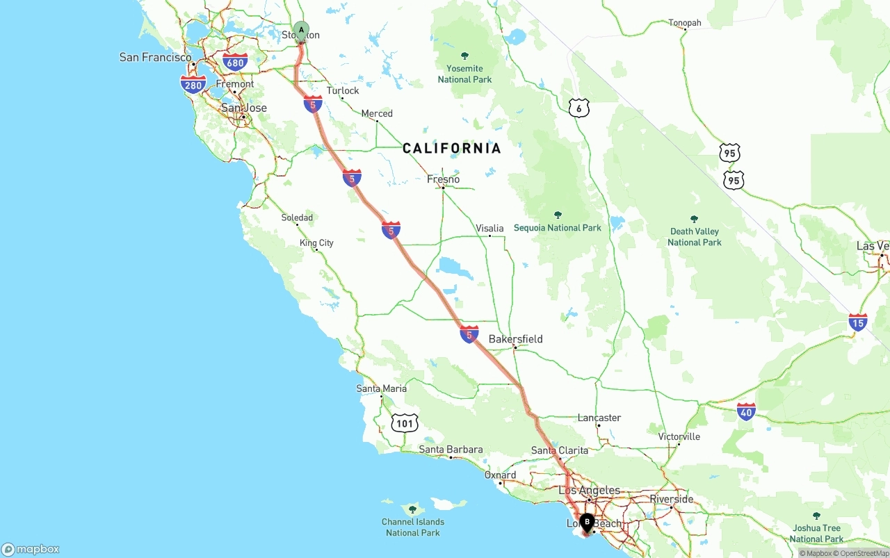 Shipping route from Stockton to Port of Los Angeles