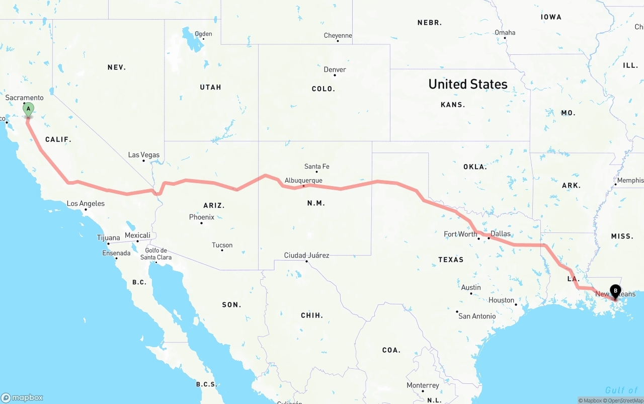 Shipping route from Stockton to Port of New Orleans