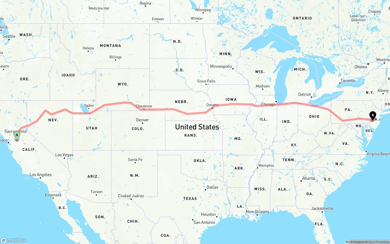 Shipping route from Stockton to Port of Philadelphia