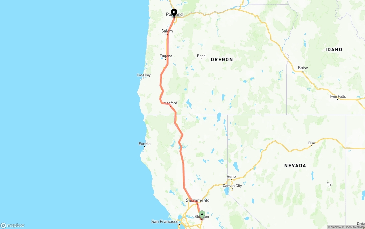 Shipping route from Stockton to Portland