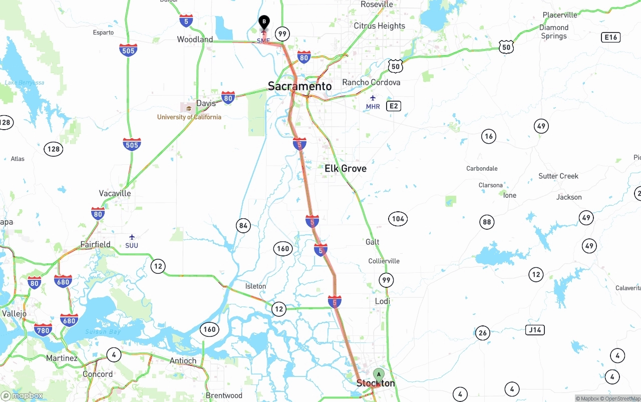 Shipping route from Stockton to Sacramento International Airport