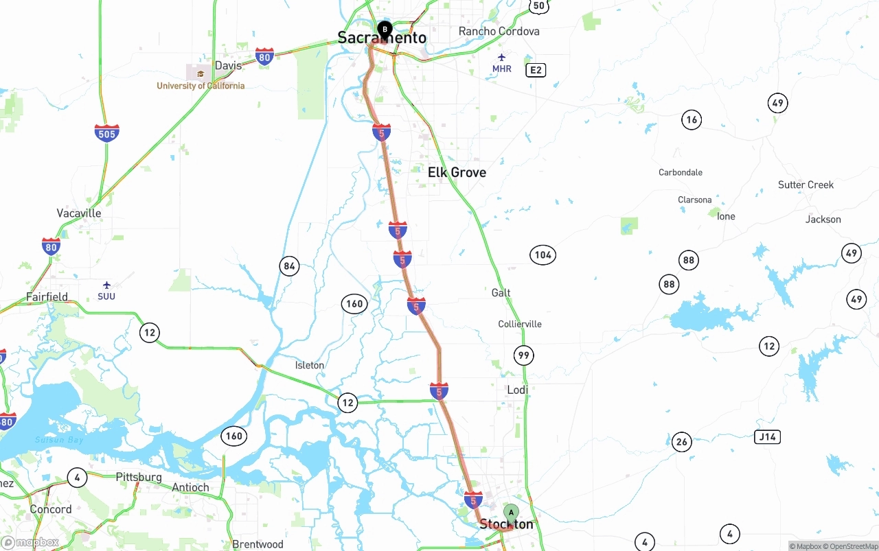 Shipping route from Stockton to Sacramento