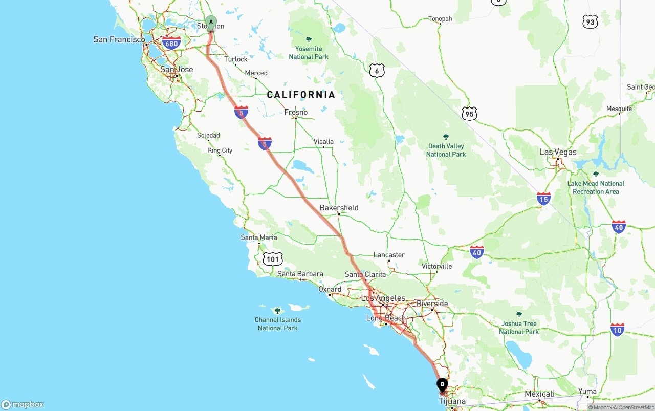 Shipping route from Stockton to San Diego International Airport