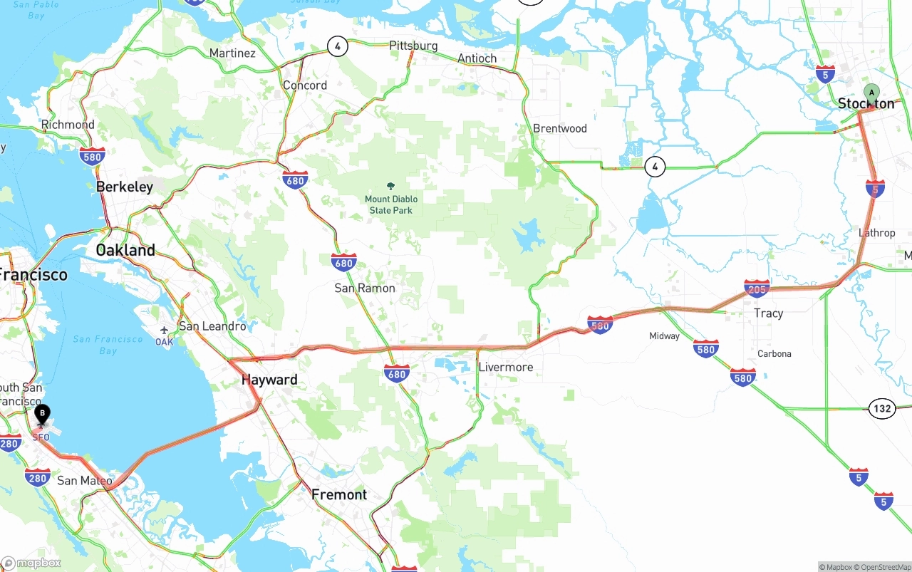 Shipping route from Stockton to San Francisco International Airport