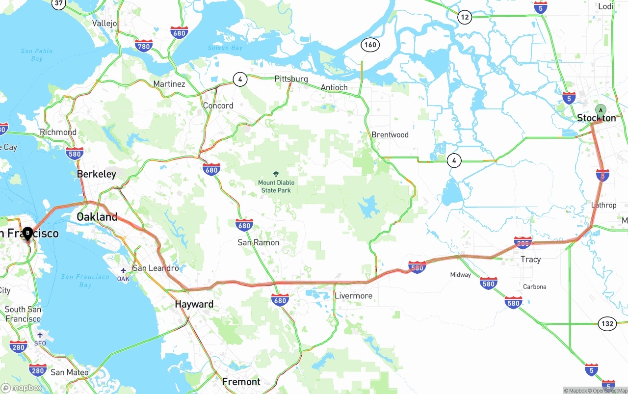 Shipping route from Stockton to San Francisco