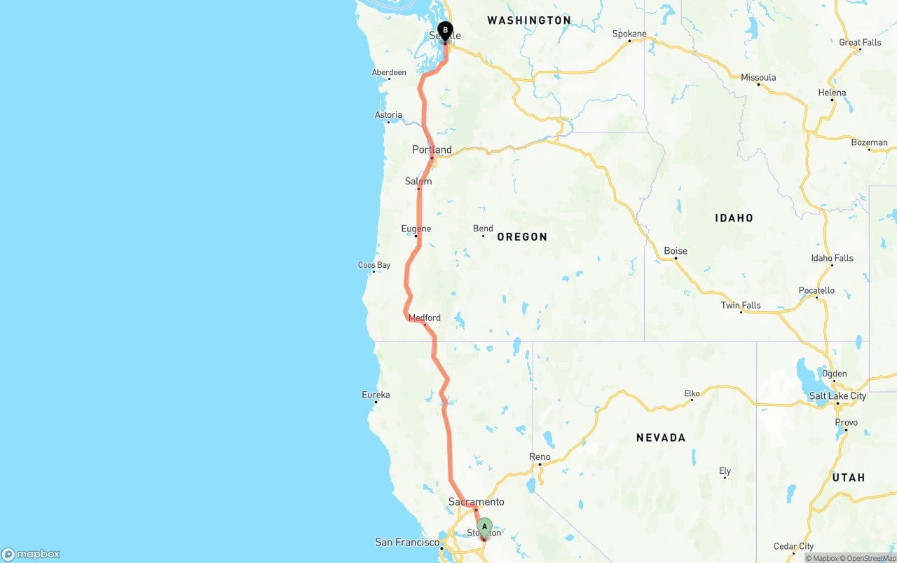 Shipping route from Stockton to Seattle