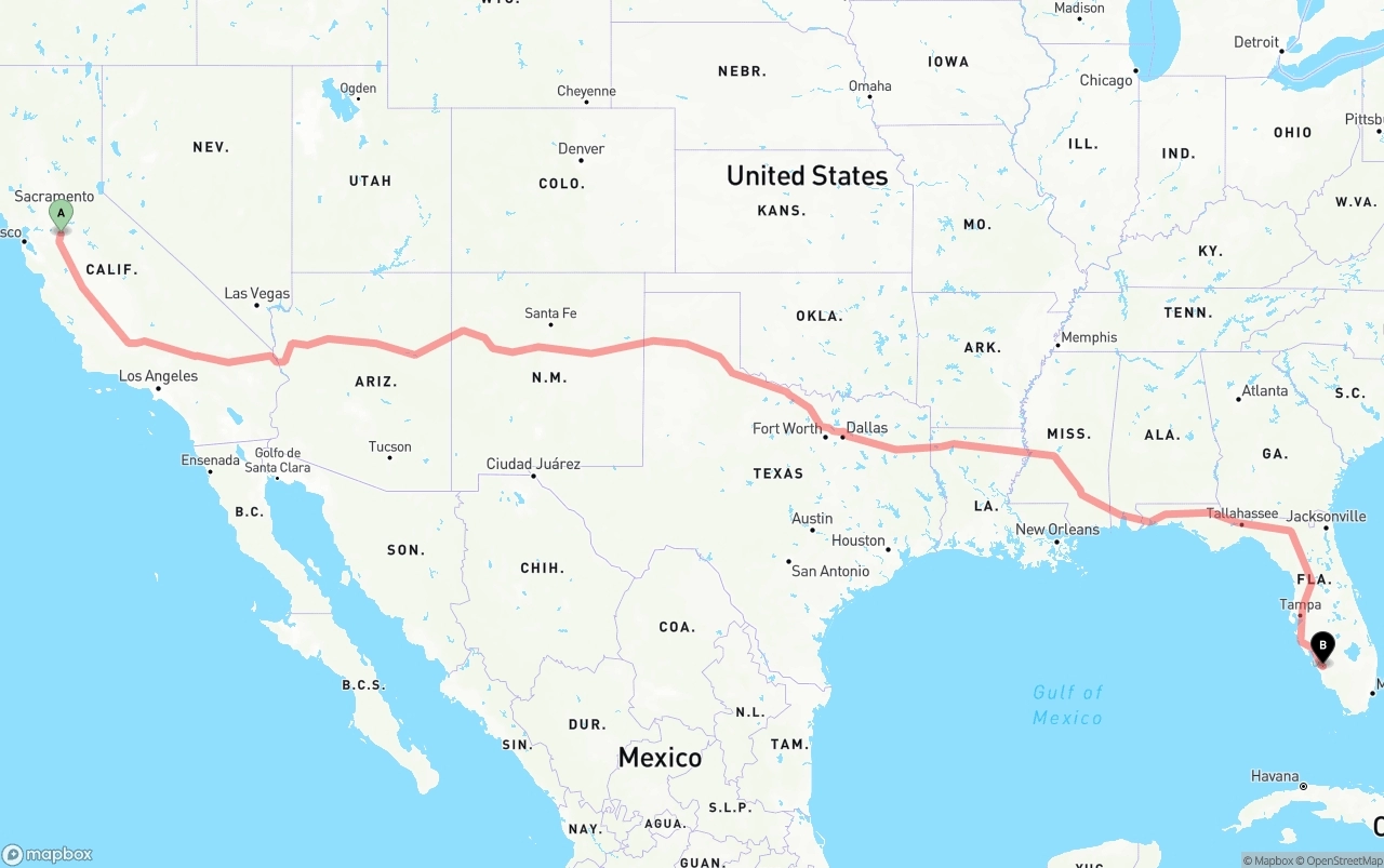 Shipping route from Stockton to Southwest Florida International Airport