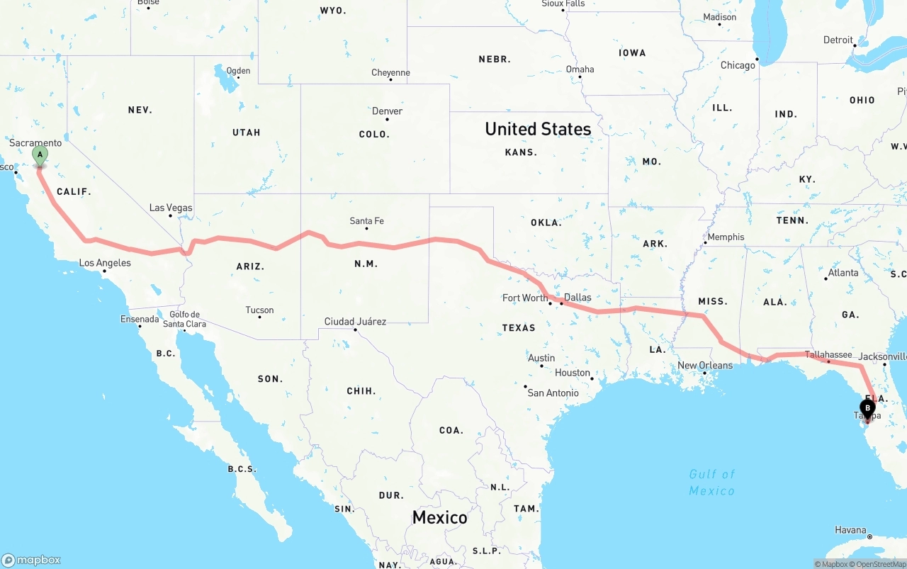 Shipping route from Stockton to Tampa
