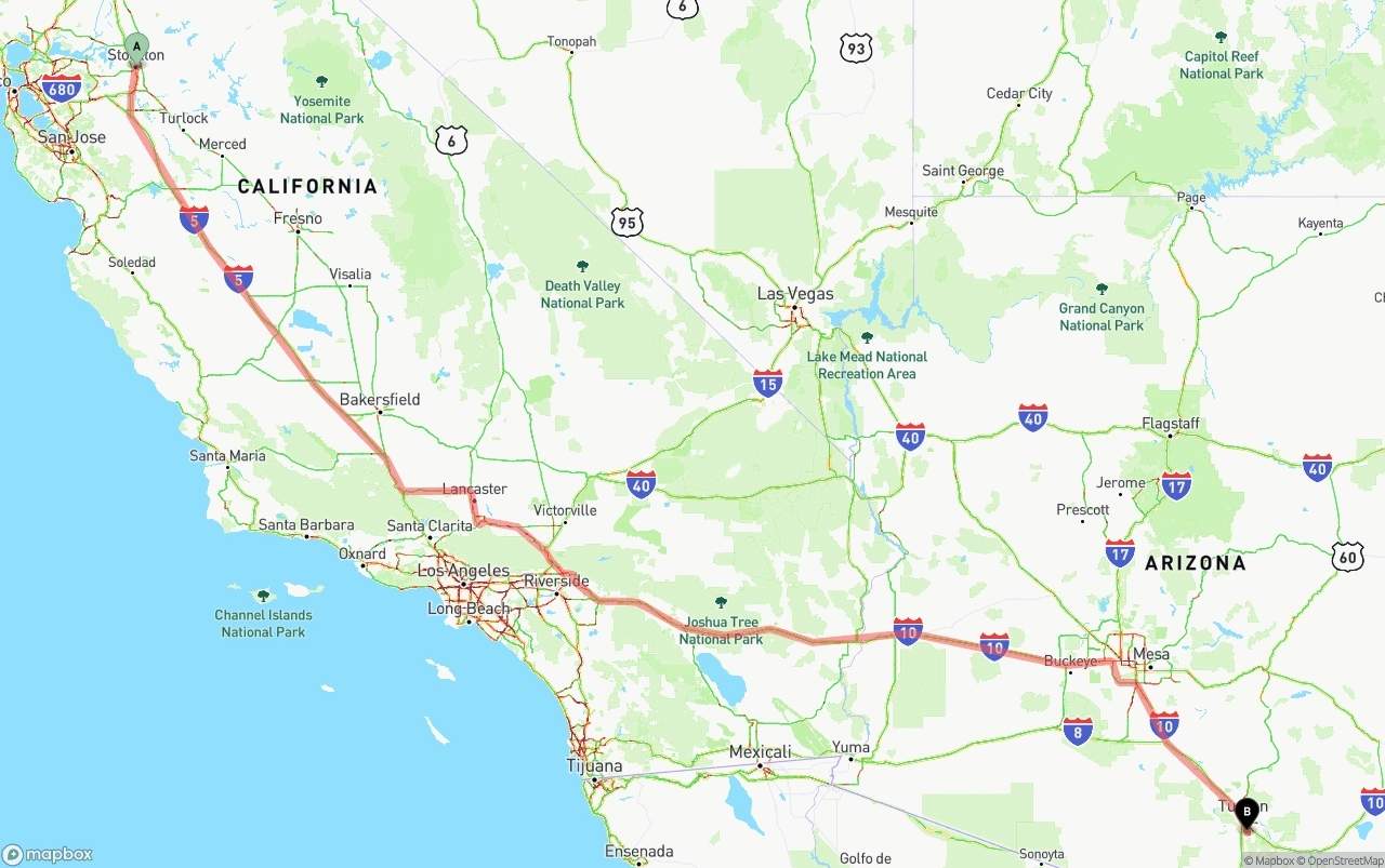 Shipping route from Stockton to Tucson International Airport