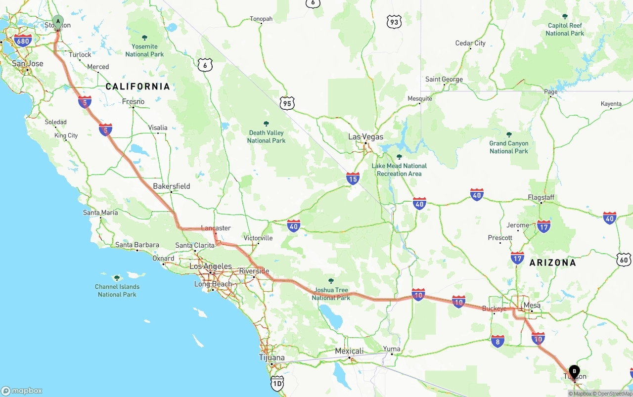 Shipping route from Stockton to Tucson