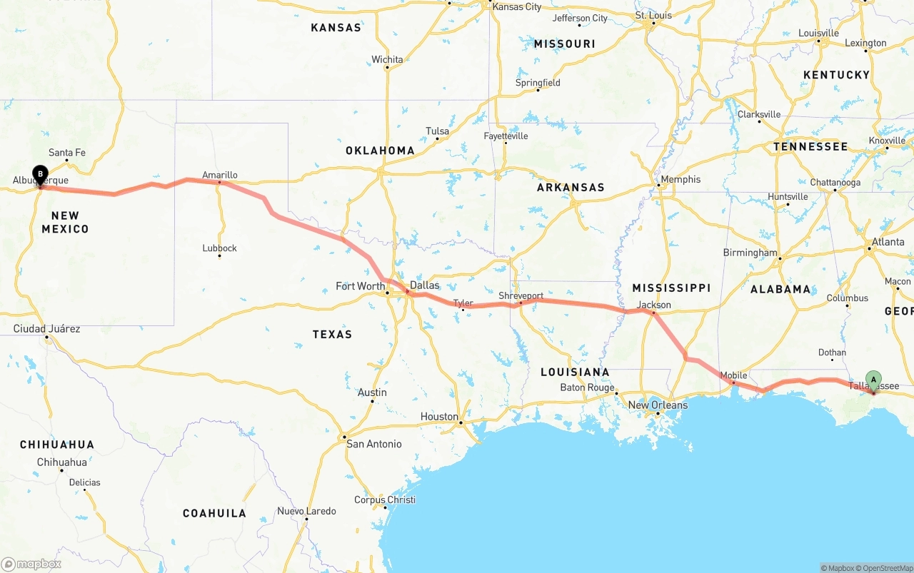 Shipping route from Tallahassee to Albuquerque
