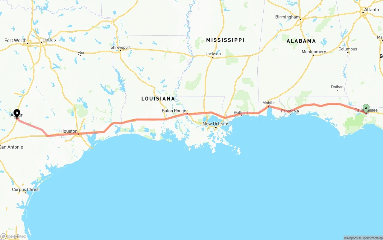 Shipping route from Tallahassee to Austin