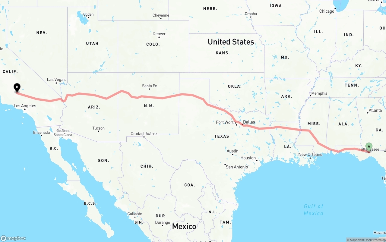 Shipping route from Tallahassee to Bakersfield